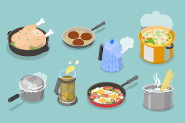 3D Isometric Flat Vector Set of Cooking Pans and Pots, Preparing Home Food