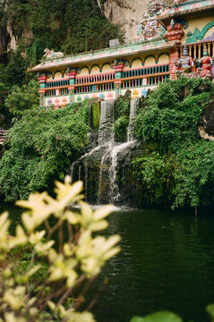 Waterfall Near a Hindu Temple