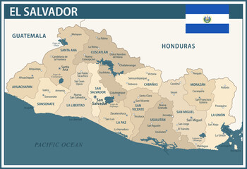 Fototapeta premium El Salvador Map Vector Vintage Dark Blue Beige - Customizable layered political map of El Salvador with administrative divisions for website, education, reports, news, politics, print, poster