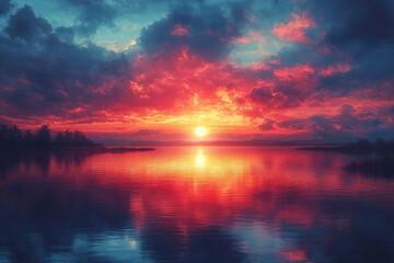 Fototapeta premium Fiery Sunset Over Calm Lake Landscape