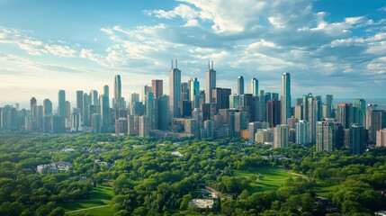 Obraz premium Modern city skyline with lush green parks, symbolizing urban sustainability, environmental harmony, and the balance between nature and metropolitan development, Generative AI