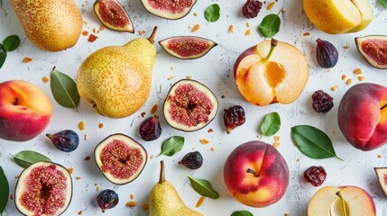 A flat lay of assorted fresh and dried fruits, including pears, peaches, and figs, on a white table. Perfect for a healthy snack