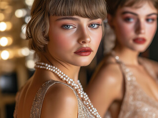 Elegancka sesja zdjęciowa w stylu lat 20. XX wieku z modelkami w sukienkach w stylu flapper, z perłami i na tle w stylu art déco.