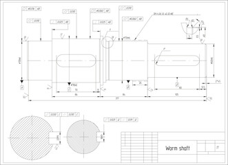 Assembly drawing of worm shaft of electrical reducer.
Vector design of steel mechanical device with dimension lines. Engineering technic cad scheme on white paper sheet. Hand drawn machine part sketch