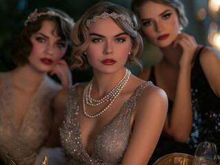 Elegancka sesja zdjęciowa w stylu lat 20. XX wieku z modelkami w sukienkach w stylu flapper, z perłami i na tle w stylu art déco.