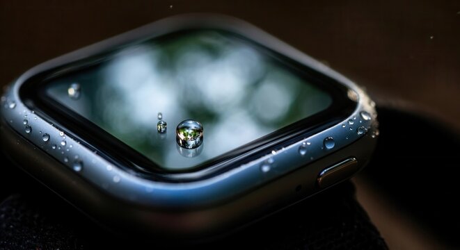 Close-up of water droplets on smartwatch screen - Powered by Adobe