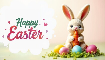 Cute plush rabbit holding carrot with colorful Easter eggs and "Happy Easter" text. Adorable Easter bunny surrounded by pastel-colored eggs and festive warmth. renewal, joy, and springtime celebra



