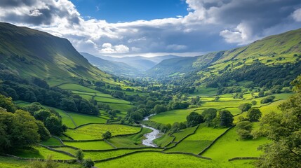 Fototapeta premium Rolling Green Hills and Valleys with Trees and Flowing Streams, Showcasing Scenic Beauty, Tranquility, and the Untouched Harmony of Nature