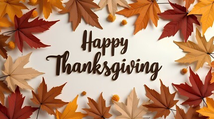 happy thanksgiving banner with dried leaves decoration autumn greeting season holiday cultural day decoration with foliage yellow orange and gold maple leaf nature tree