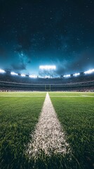 Football stadium under night sky with bright lights and clear field lines