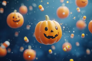 Fototapeta premium Floating cartoon pumpkins and candy making for festive Halloween fun
