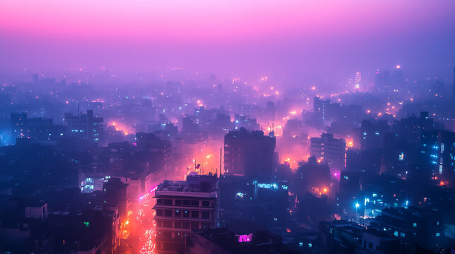 city in india, New Delhi celebrating holi festival at night, serene and festive scene vibes