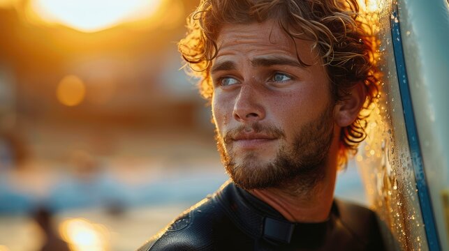 Young surfer with surfboard at sunset, looking away.