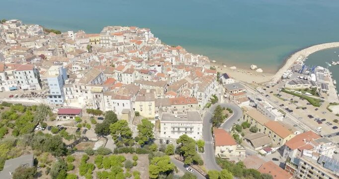 Aerial view of the town and the historic center of Rodi Garganico, located in Puglia, Italy, on the coast of the Adriatic Sea. It is a tourist destination in Gargano, in the province of Foggia.
