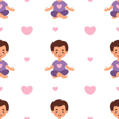 Seamless pattern yoga kid. Cute boy meditating sitting in lotus pose