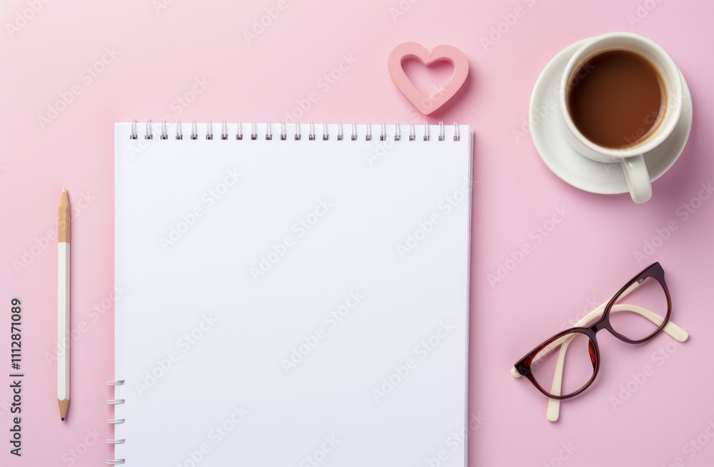 Poster creative workspace setup with blank notepad and coffee on a pink background
