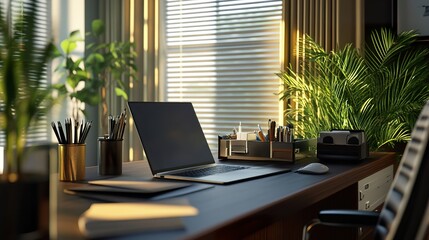 Fototapeta premium A professional office desk setup with a sleek laptop, modern business accessories, and stylish decor.
