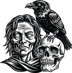 Gothic Raven Perched on Skull with Zombie Woman