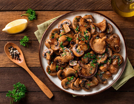 Plano cenital de un plato de champi&ntilde;ones salteados sobre un pa&ntilde;o de cocina en una mesa de madera junto a una cuchara y un limon