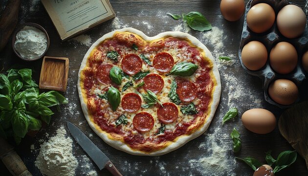 Heart shaped pizza preparation with fresh ingredients and rustic kitchen tools - Powered by Adobe