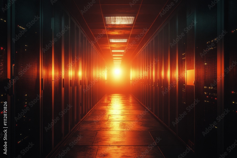 Poster data center illuminated by vibrant light beams creating a dynamic and futuristic atmosphere