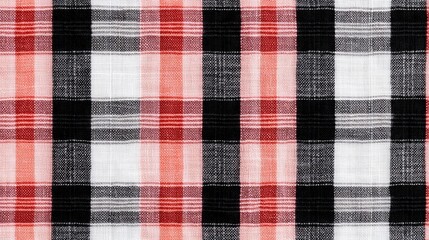 Close-up of red, black, and white checkered fabric texture.