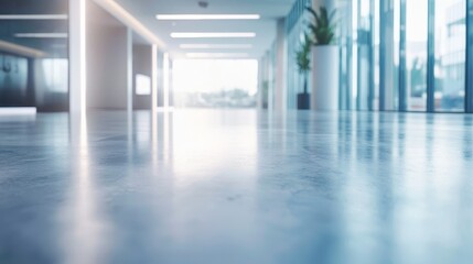 A long hallway with a plant in the middle of it