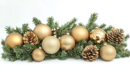 A bunch of gold ornaments and pine cones on a white background