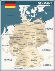 Obraz premium Germany Map Vector Vintage Dark Blue Beige - Customizable layered political map of Germany with administrative divisions for website, education, reports, news, politics, print, poster and wallpaper