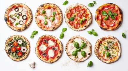 A variety of pizzas with different toppings on a white surface