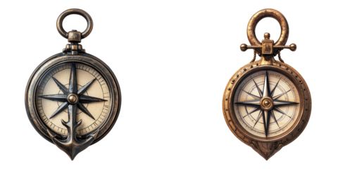 Compass and anchor isolated on transparent background, Set of
