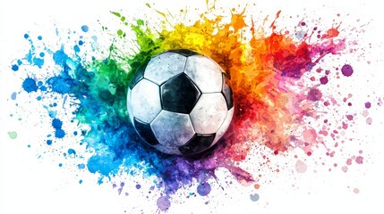 A soccer ball with colorful paint splatters on it