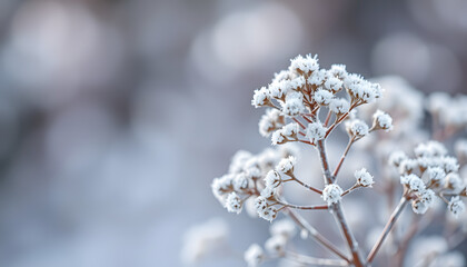 Obraz premium Abstract blurred bokeh soft web banner background with Wild angelica plant dry compound umbels of flowers covered with white and shiny frost crystals, winter magic concept isolated with white highli