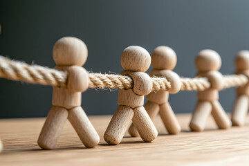 Wooden Figure Pulling a Rope with Other Figures Following, Symbolising Teamwork, Unity, and Collective Effort in a Minimalist Artistic Representation