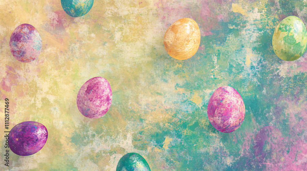 Poster abstract background of vibrant painted easter eggs floating against a textured pastel canvas creatin