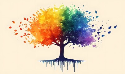 Abstract rainbow tree with colorful splatters and falling leaves.