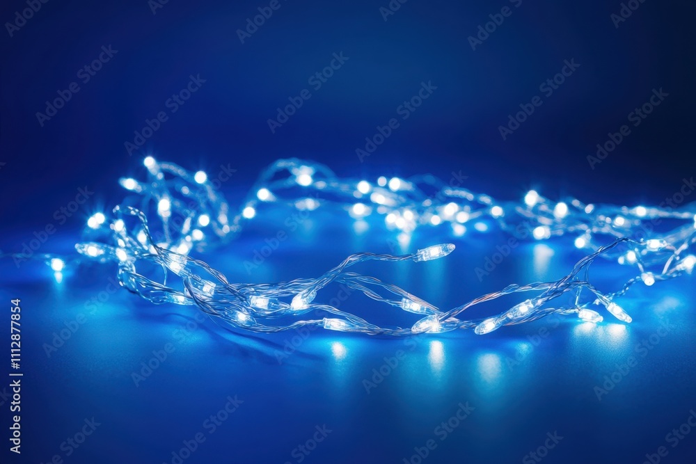 Poster a string of lights on a dark blue background, with a bokeh effect generative ai