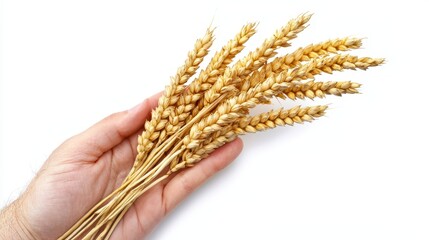 A hand holding a bunch of wheat on a white background