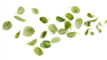 A bunch of spinach leaves falling down on a white surface