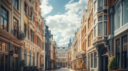 A picturesque street lined with elegant buildings under a blue sky.