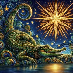 Fototapeta premium Dreamy Crocodile Under the Evening Star in an Enchanted River