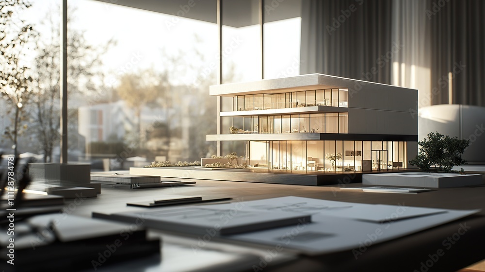 Poster a modern architectural model displayed on a sleek table, surrounded by sketches and design materials