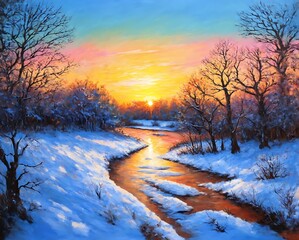 Winter landscape with river, sunset (or sunrise).