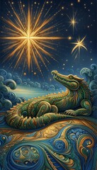 Fototapeta premium Dreamy Crocodile Under the Evening Star in an Enchanted River