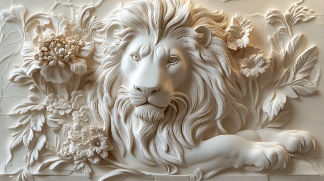 White lion bas-relief sculpture amidst floral carvings.