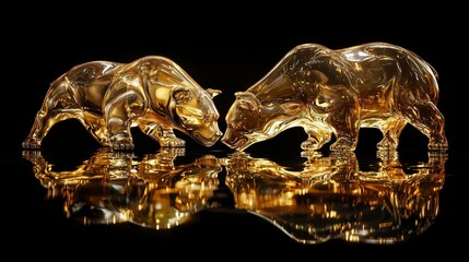 A couple of gold bears standing next to each other on a reflective surface