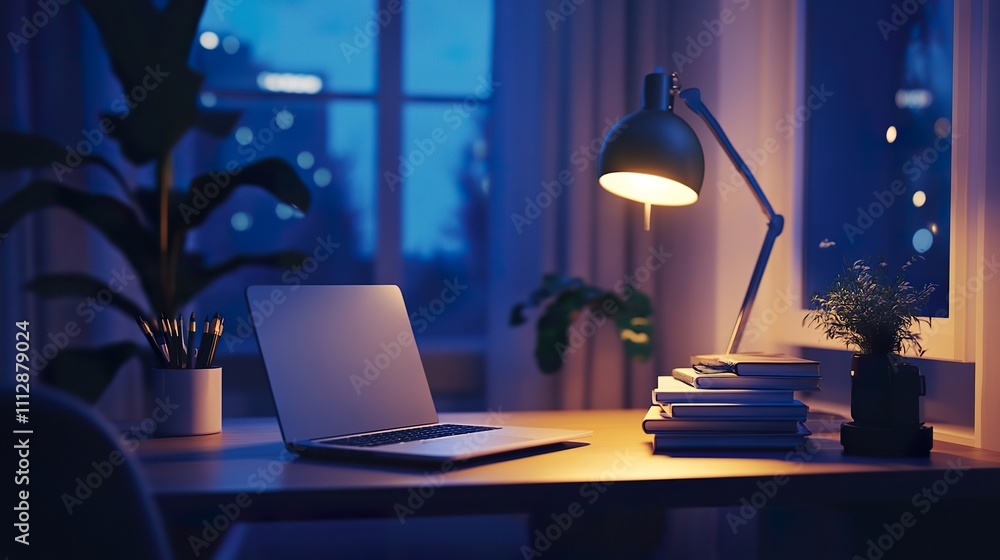 Poster a minimalistic desk setup showcasing a laptop, neatly stacked notebooks, and a desk lamp providing s