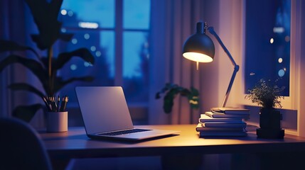 A minimalistic desk setup showcasing a laptop, neatly stacked notebooks, and a desk lamp providing soft light.