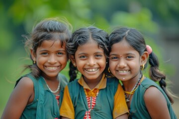 Fototapeta premium Three Portrait Girls smiling in school 1st January 2000 Medinipur West bengal India