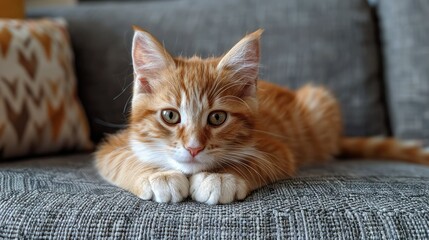 Adorable ginger kitten with white paws resting on a grey couch, looking directly at the camera.